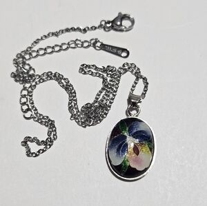 Vintage Cloisonne Silver Pendant Necklace